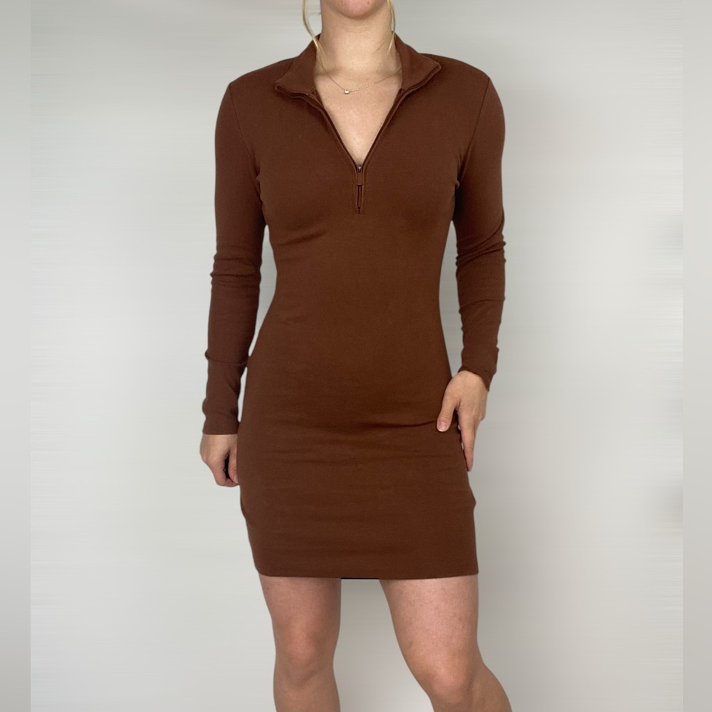 SUNDAY BEST Ribbed Half Zip‎ Bodycon Mini Dress in Cognac Long Sleeve Stretchy